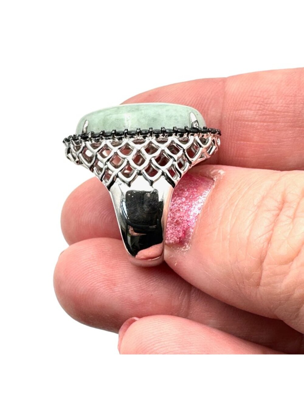 Green Jade Sterling Silver Womens Ring Black Spinel Size 6 - Picture 3 of 4